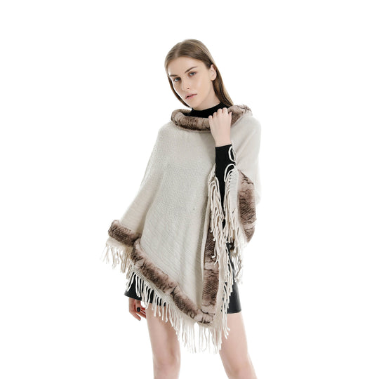 Damen Eleganter Wollmix‑Poncho mit Kunstfellbesatz und Fransensaum Shop Nory