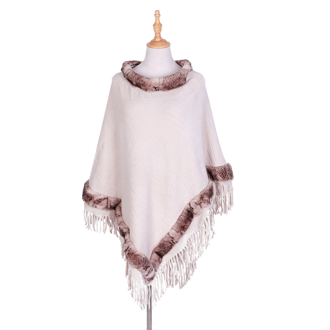 Damen Eleganter Wollmix‑Poncho mit Kunstfellbesatz und Fransensaum Shop Nory