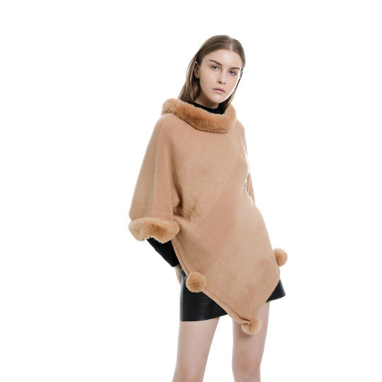 Damen Ruana-Poncho mit Kunstfellbesatz, Kaschmir-Touch und Bommel-Saum Shop Nory
