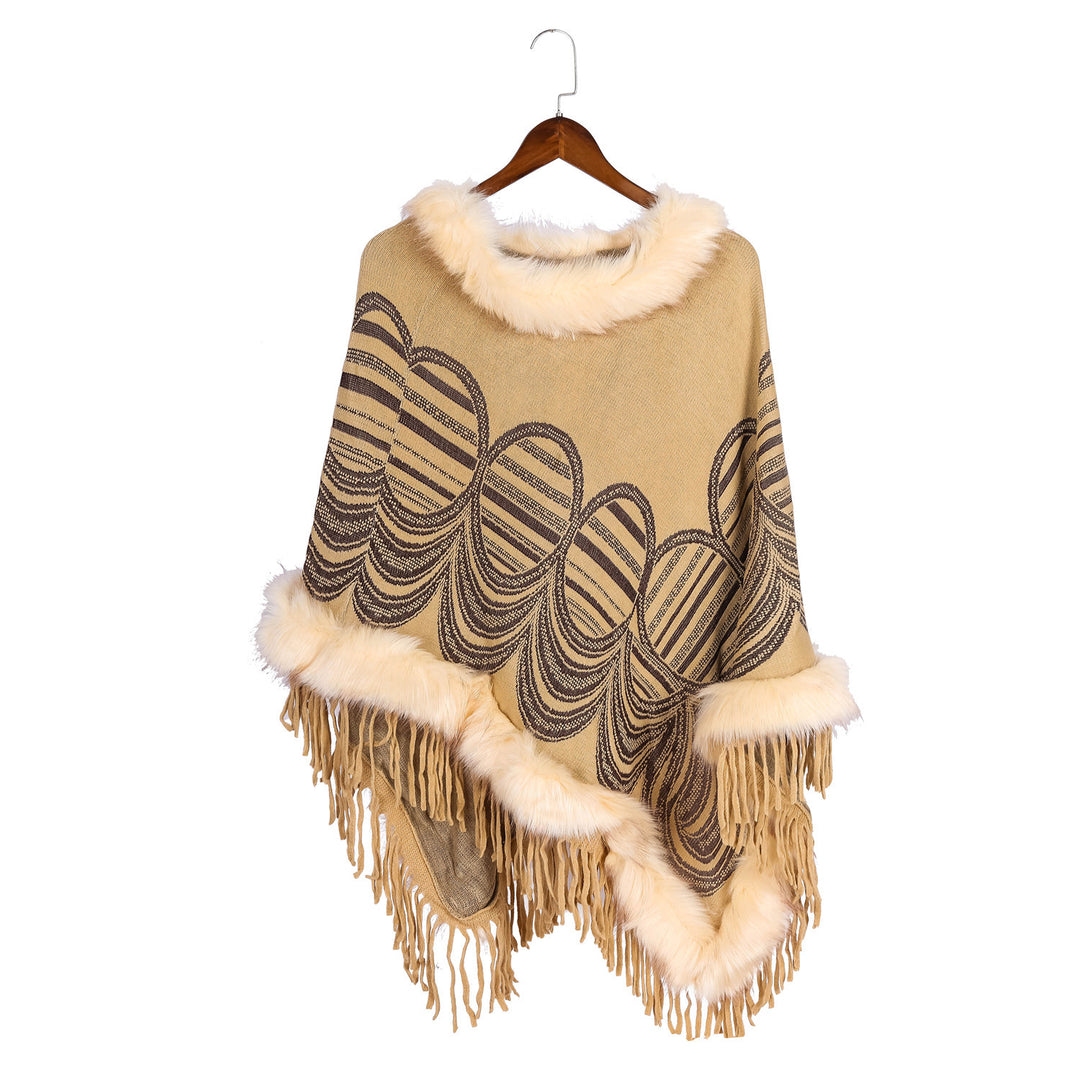 Damen Fransen‑Poncho mit Kunstfellbesatz und Jacquard‑Ruana Shop Nory