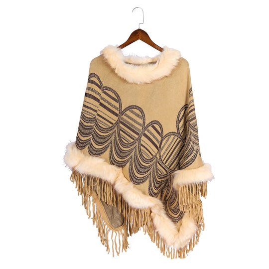 Damen Fransen‑Poncho mit Kunstfellbesatz und Jacquard‑Ruana Shop Nory