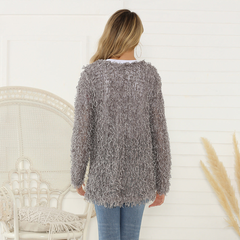 Damen Flauschiger Shaggy-Cardigan mit offener Front & lockerer Passform Shop Nory