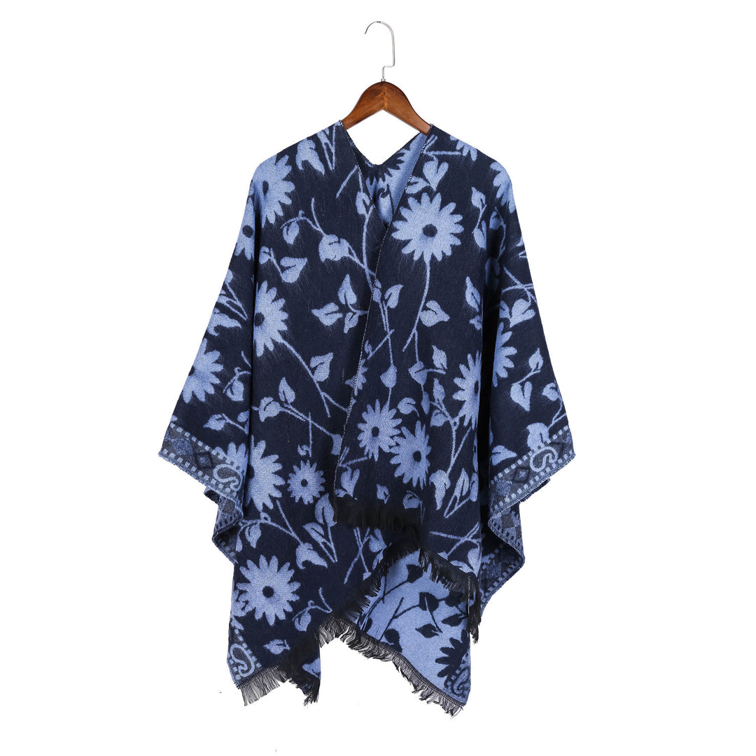 Damen Jacquard‑Ruana‑Poncho mit floralem Jacquard, Fransensaum und weichem Wollmix Shop Nory