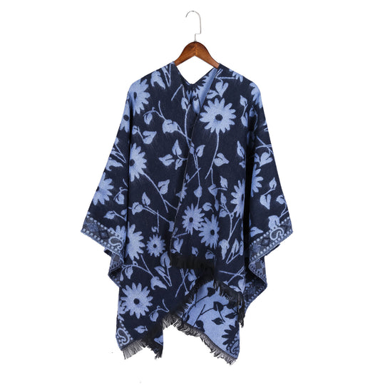Damen Jacquard‑Ruana‑Poncho mit floralem Jacquard, Fransensaum und weichem Wollmix Shop Nory