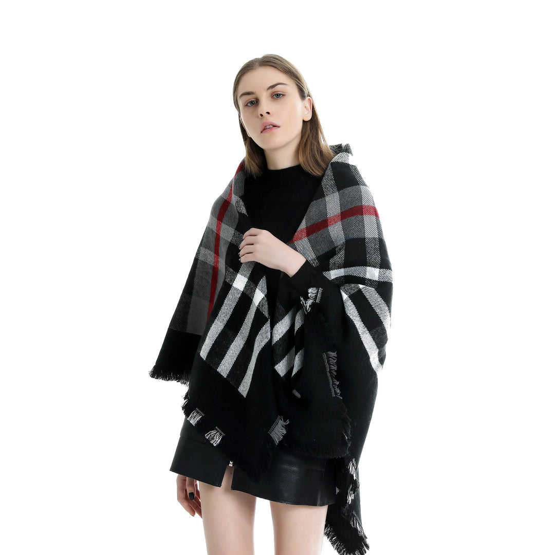 Damen Karierter Wollmix-Capeponcho mit Fransen und Lederverschluss Shop Nory