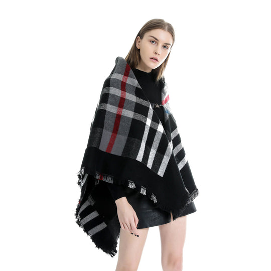 Damen Karierter Wollmix-Capeponcho mit Fransen und Lederverschluss Shop Nory