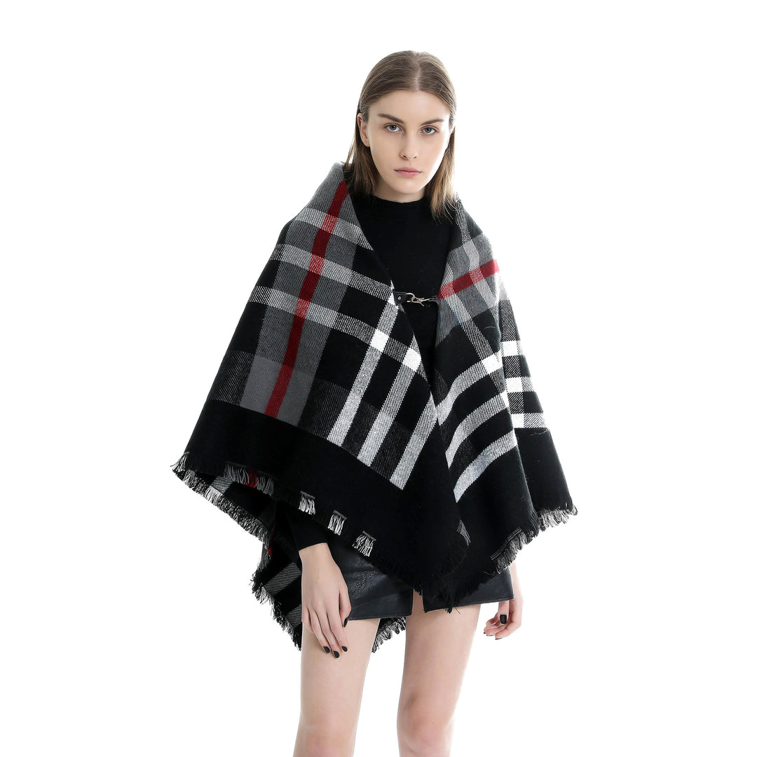 Damen Karierter Wollmix-Capeponcho mit Fransen und Lederverschluss Shop Nory