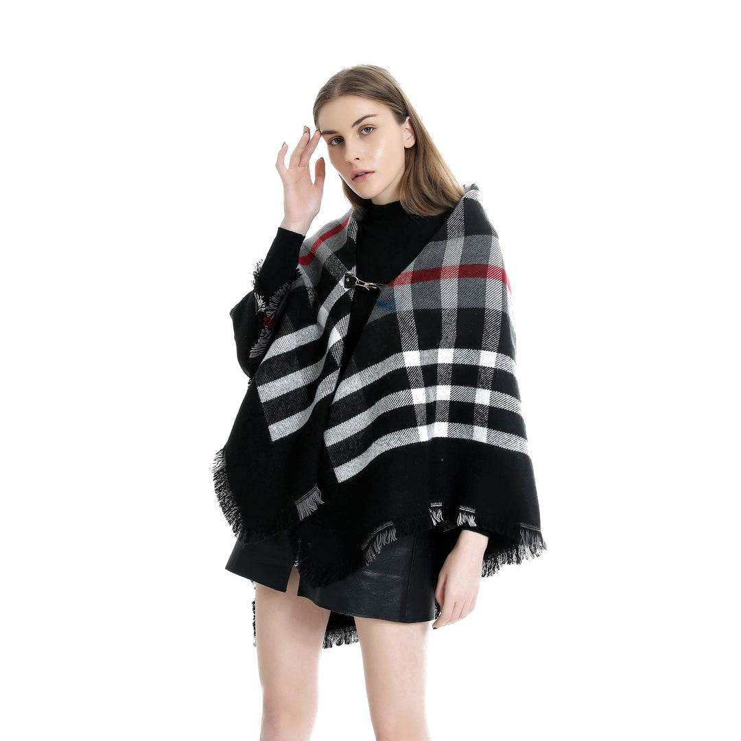 Damen Karierter Wollmix-Capeponcho mit Fransen und Lederverschluss Shop Nory