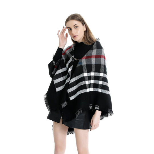 Damen Karierter Wollmix-Capeponcho mit Fransen und Lederverschluss Shop Nory