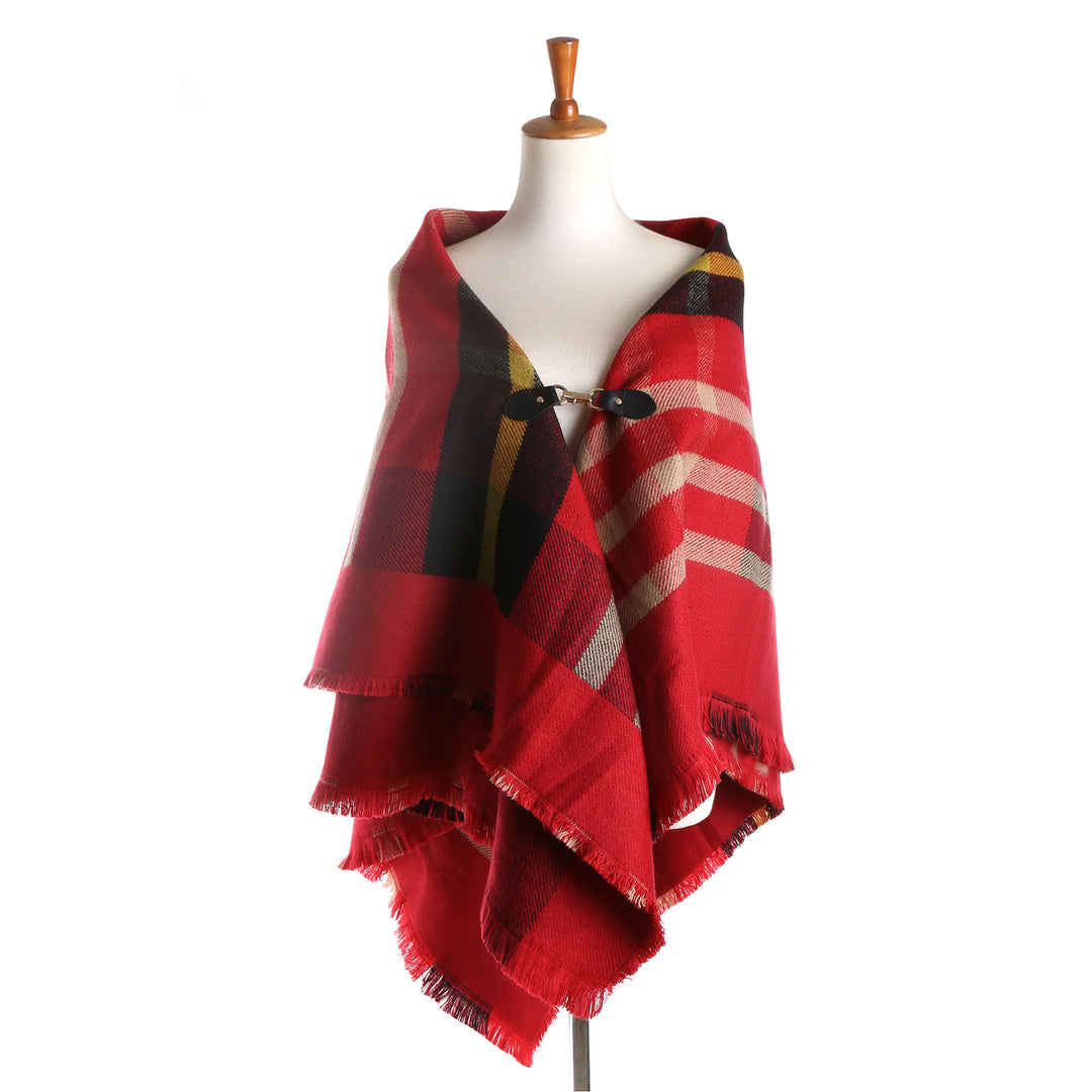 Damen Karierter Wollmix-Capeponcho mit Fransen und Lederverschluss Shop Nory
