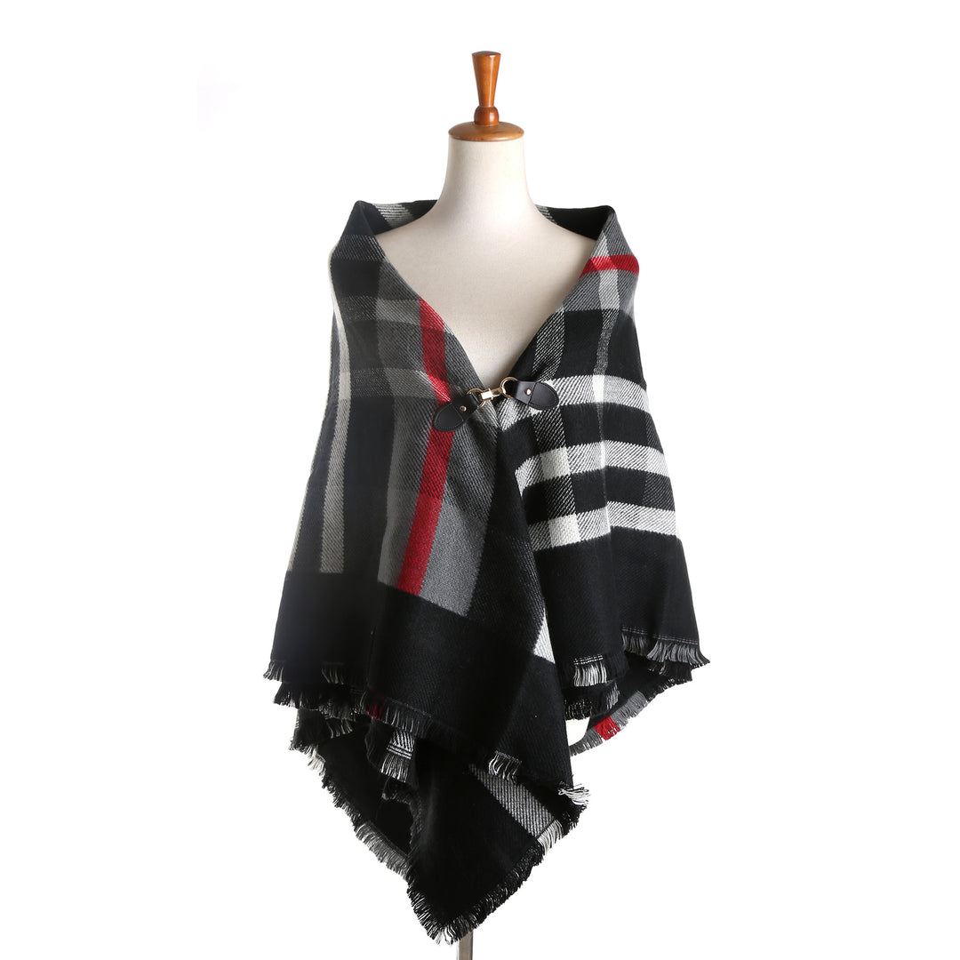 Damen Karierter Wollmix-Capeponcho mit Fransen und Lederverschluss Shop Nory