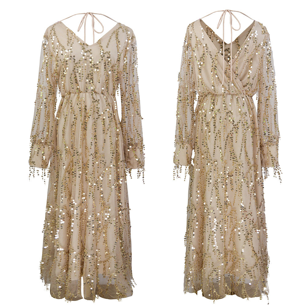Damen Maxikleid mit Paillettenbesatz, V-Ausschnitt und transparenten dreiviertel-Ärmeln Shop Nory