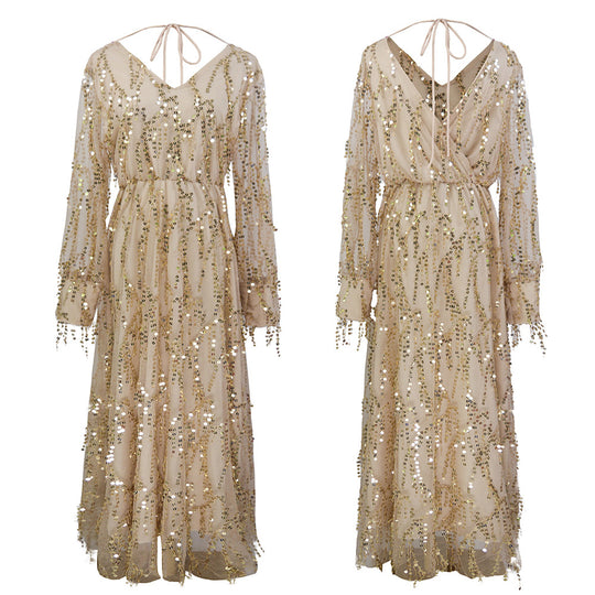 Damen Maxikleid mit Paillettenbesatz, V-Ausschnitt und transparenten dreiviertel-Ärmeln Shop Nory