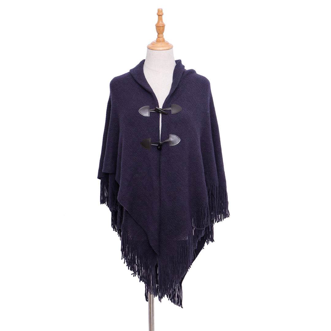 Damen Strick-Ruana-Poncho mit Schalkragen, Knebelverschlüssen und Fransensaum Shop Nory
