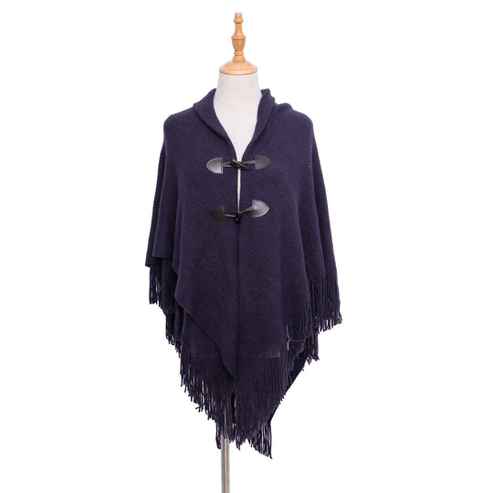 Damen Strick-Ruana-Poncho mit Schalkragen, Knebelverschlüssen und Fransensaum Shop Nory