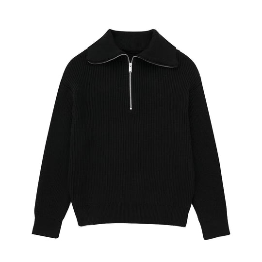 Gestreifter Strickpullover mit Reißverschluss und Kragen