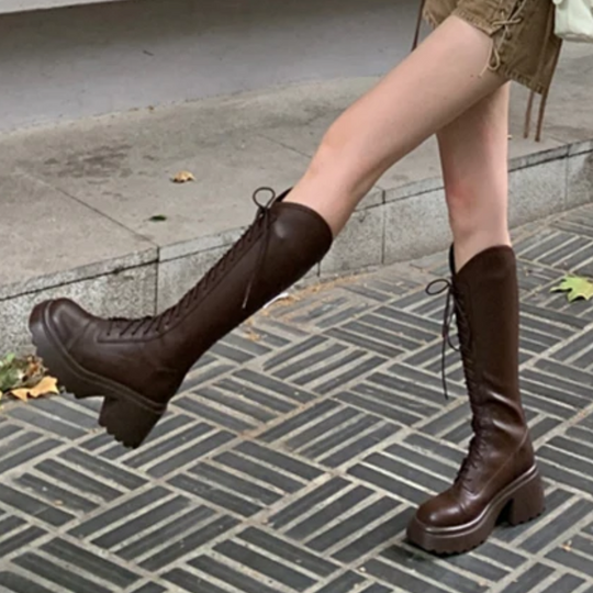 Hohe Stiefel Damenstiefel mit Schnürung und Robuster Ferse