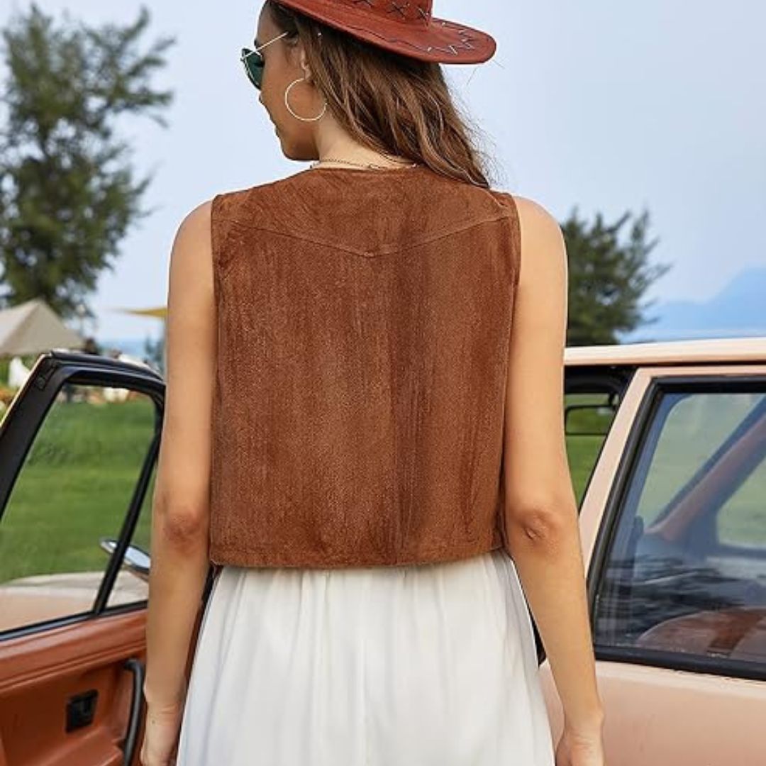 Shopnory | Wildleder-Weste mit Fransen und Knopfdetail