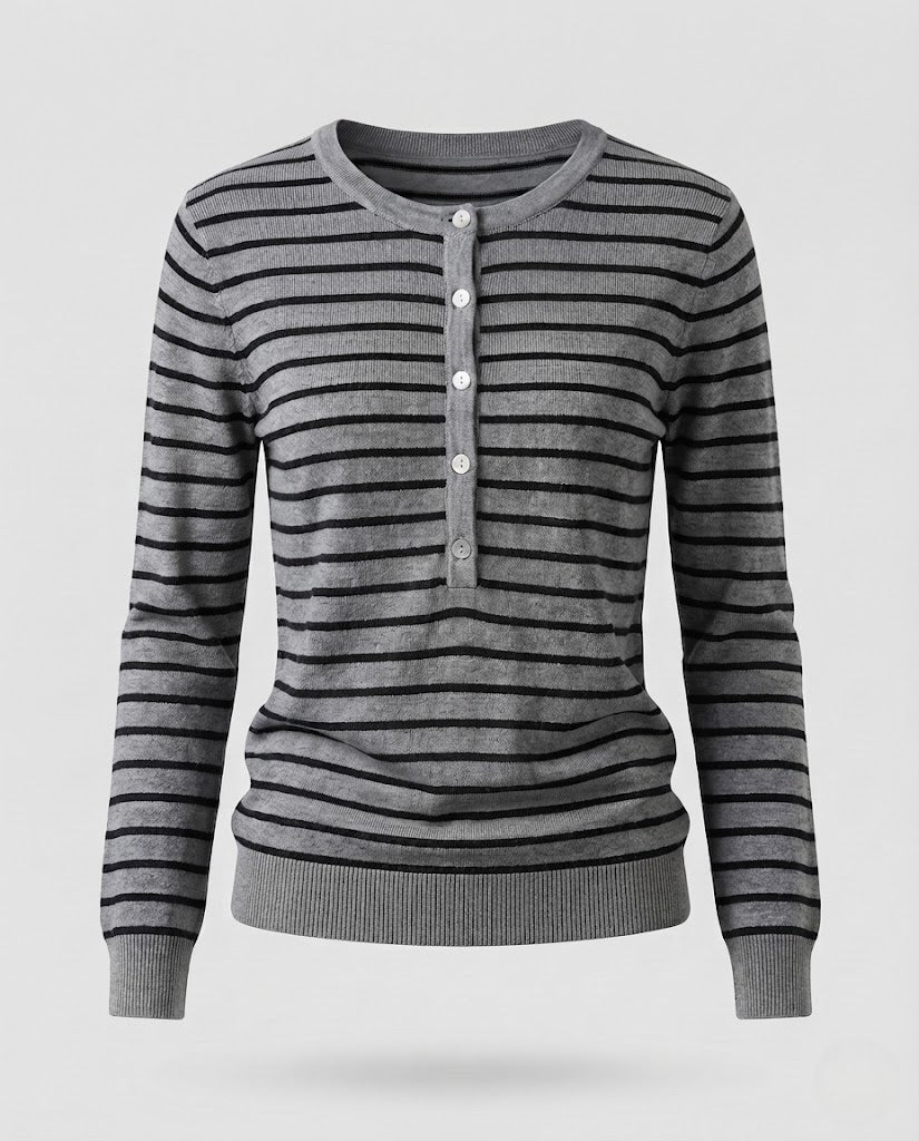 Damen Gestreifter Henley-Feinstrickpullover mit Knopfleiste Shop Nory