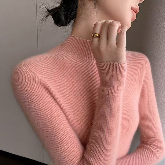 Damen-Woll-Strickpullover, Stehkragen, schmal geschnitten