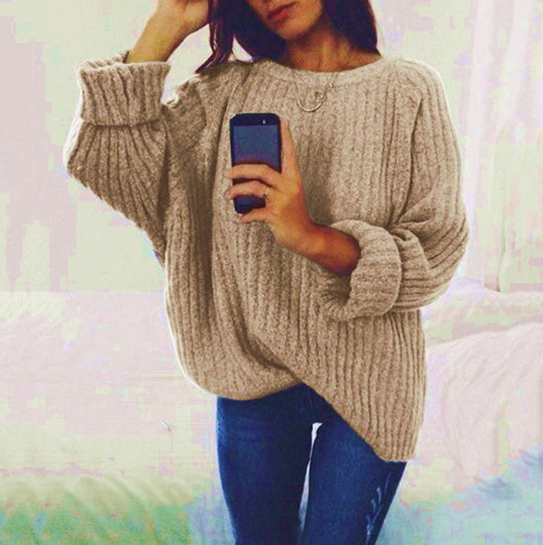 Damen Grobstrickpullover mit lockerem Schnitt und weitem Rundhalsausschnitt