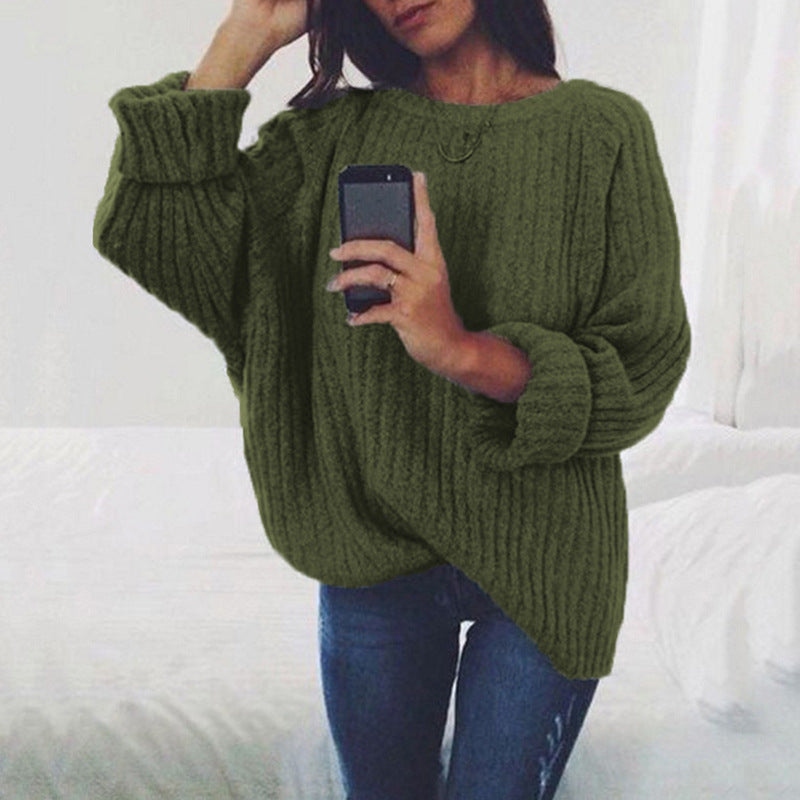 Damen Grobstrickpullover mit lockerem Schnitt und weitem Rundhalsausschnitt