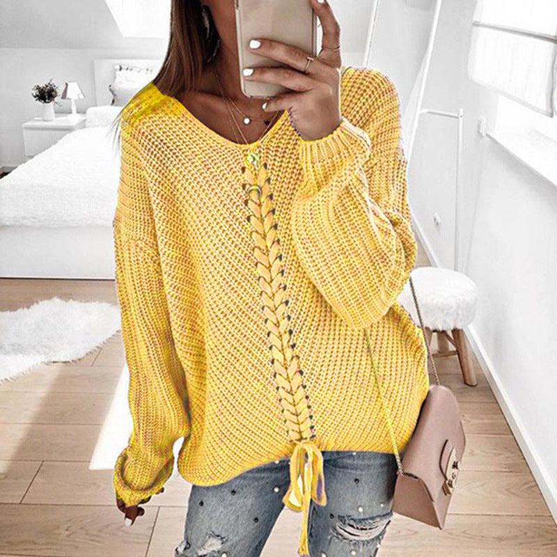 Damen Oversize Strickpullover mit V-Ausschnitt, Zopfstrick und Schnürung Shop Nory