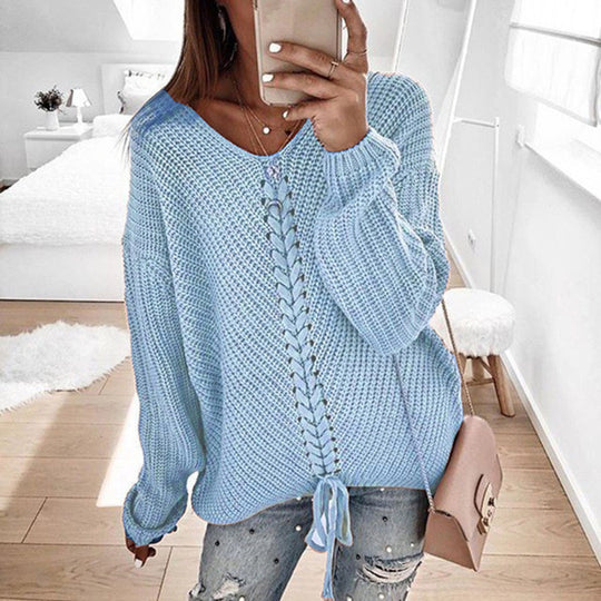 Damen Oversize Strickpullover mit V-Ausschnitt, Zopfstrick und Schnürung Shop Nory