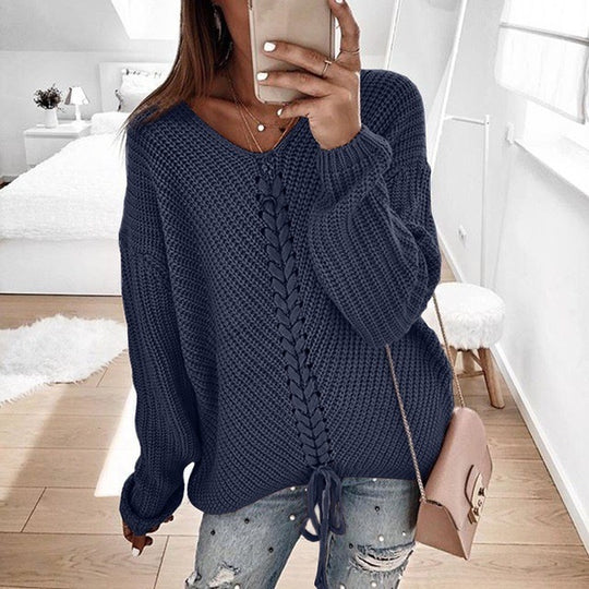 Damen Oversize Strickpullover mit V-Ausschnitt, Zopfstrick und Schnürung Shop Nory