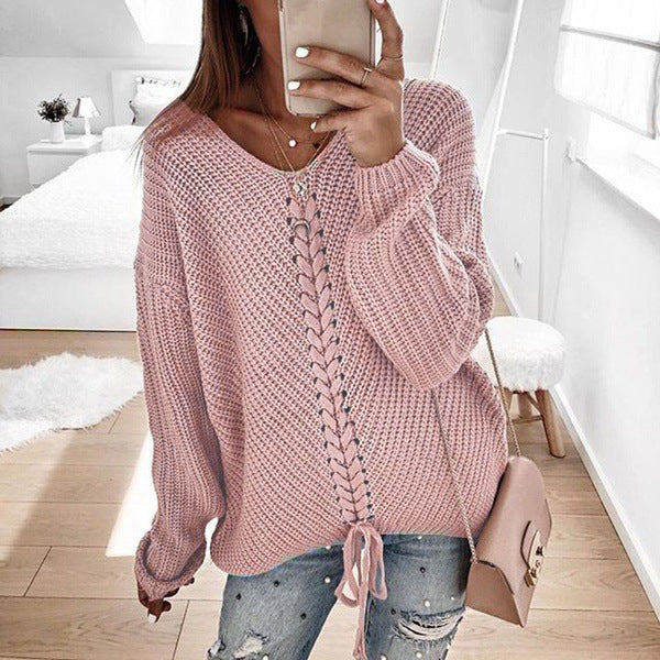 Damen Oversize Strickpullover mit V-Ausschnitt, Zopfstrick und Schnürung Shop Nory