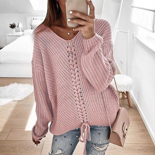 Damen Oversize Strickpullover mit V-Ausschnitt, Zopfstrick und Schnürung Shop Nory