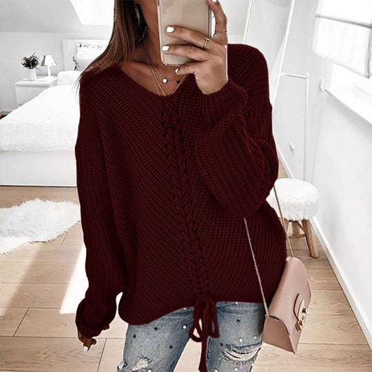 Damen Oversize Strickpullover mit V-Ausschnitt, Zopfstrick und Schnürung Shop Nory