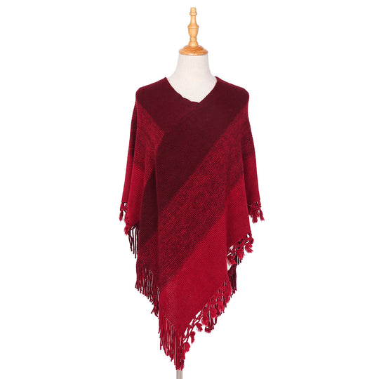 Damen Strick‑Ruana‑Poncho mit V‑Ausschnitt, asymmetrischem Zipfel und gehäkelten Fransen Shop Nory