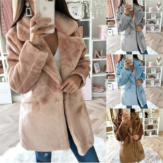 Damen Teddy-Faux-Fur Mantel mit Reverskragen und aufgesetzten Taschen Shop Nory