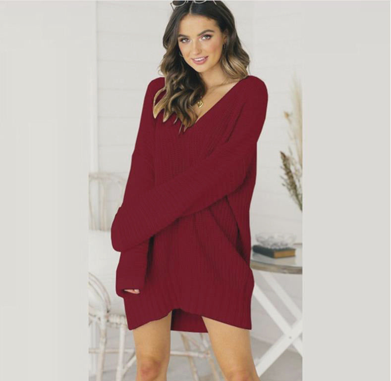 Damen Grobstrick Pulloverkleid mit V-Ausschnitt und lässigem Schnitt