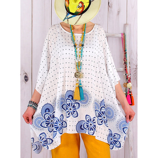 Damen fließende Viskose-Mix-Tunika im Boho-Stil mit floralem Besatz, asymmetrischem Saum und 3/4-Ärmeln Shop Nory