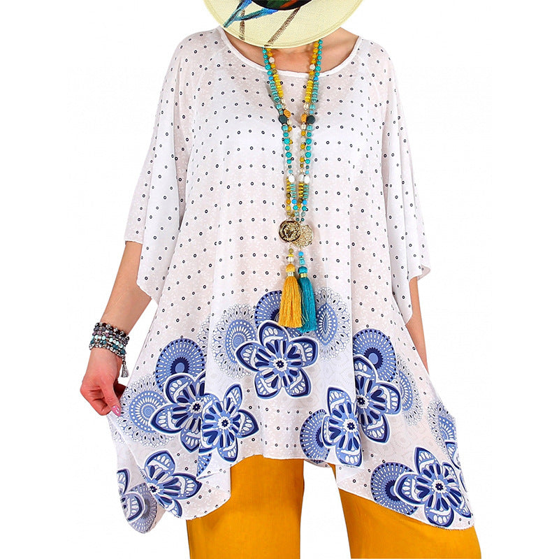 Damen fließende Viskose-Mix-Tunika im Boho-Stil mit floralem Besatz, asymmetrischem Saum und 3/4-Ärmeln Shop Nory