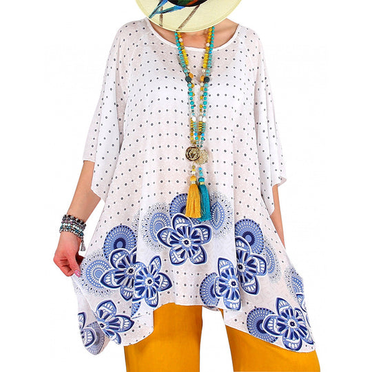 Damen fließende Viskose-Mix-Tunika im Boho-Stil mit floralem Besatz, asymmetrischem Saum und 3/4-Ärmeln Shop Nory
