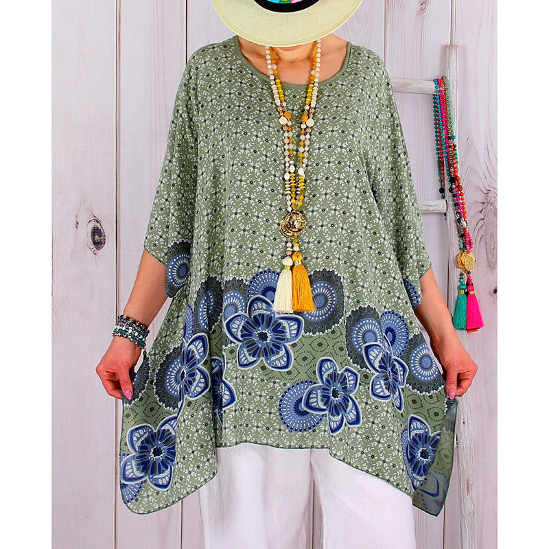 Damen fließende Viskose-Mix-Tunika im Boho-Stil mit floralem Besatz, asymmetrischem Saum und 3/4-Ärmeln Shop Nory