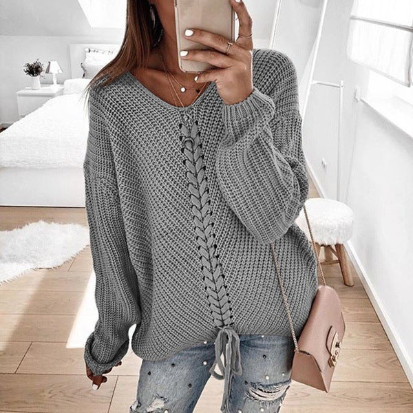 Damen Oversize Strickpullover mit V-Ausschnitt, Zopfstrick und Schnürung Shop Nory