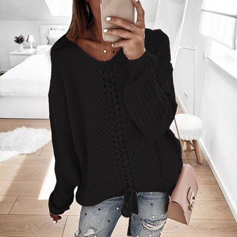 Damen Oversize Strickpullover mit V-Ausschnitt, Zopfstrick und Schnürung Shop Nory