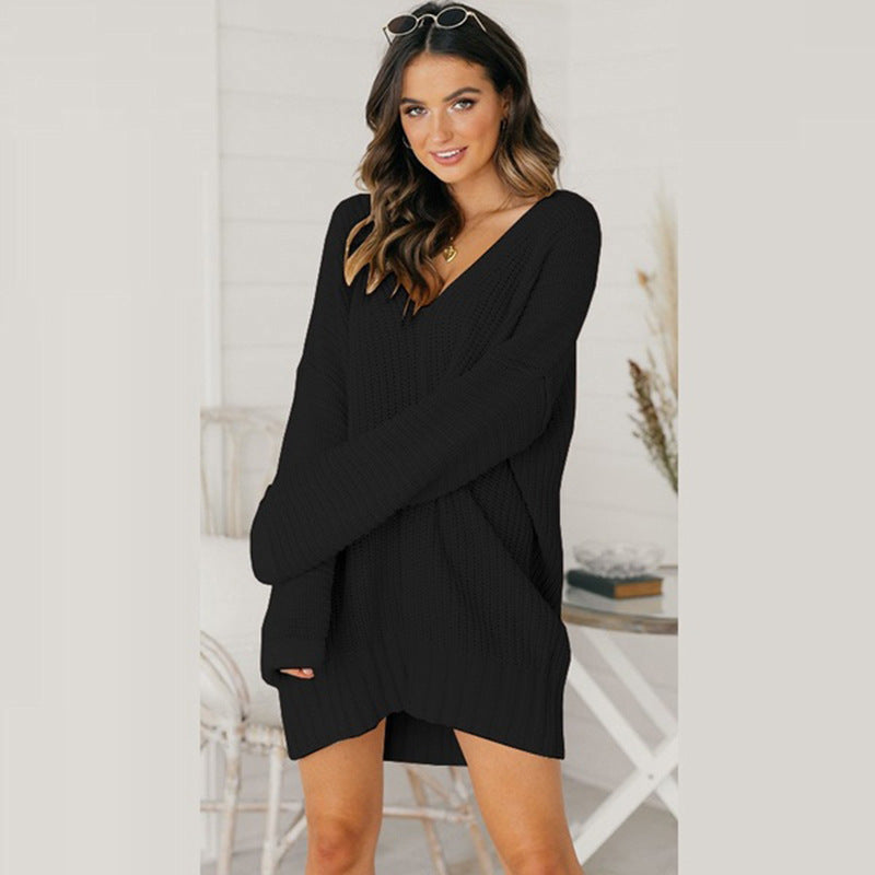 Damen Grobstrick Pulloverkleid mit V-Ausschnitt und lässigem Schnitt