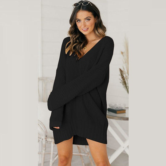 Damen Grobstrick Pulloverkleid mit V-Ausschnitt und lässigem Schnitt