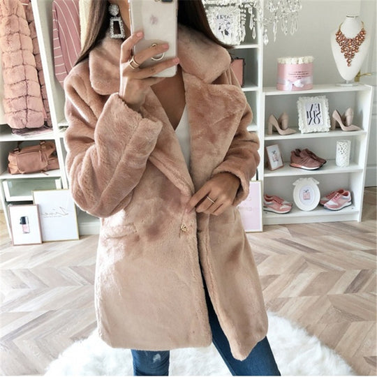 Damen Teddy-Faux-Fur Mantel mit Reverskragen und aufgesetzten Taschen Shop Nory