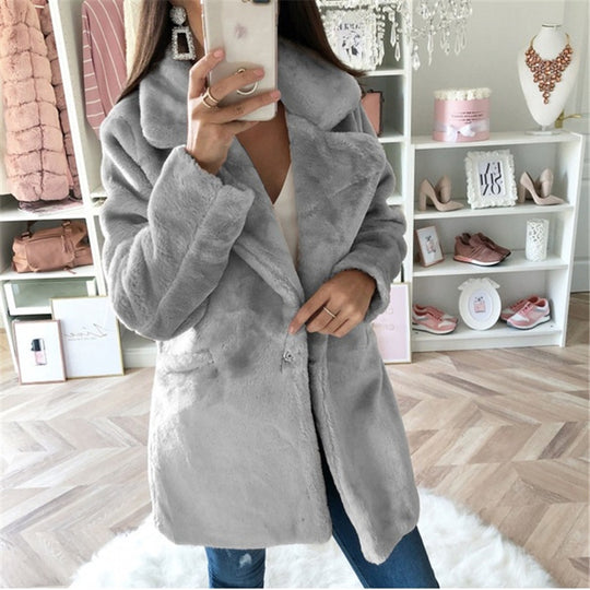 Damen Teddy-Faux-Fur Mantel mit Reverskragen und aufgesetzten Taschen Shop Nory
