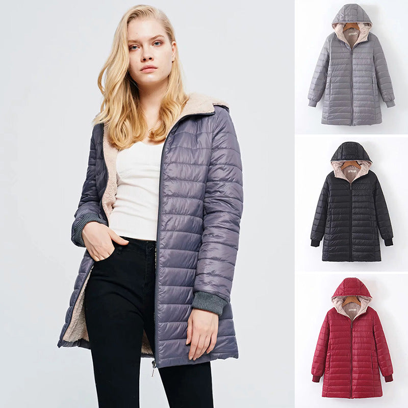 Damen Gefütterte Steppjacke mit Kapuze und Teddyfutter Shop Nory