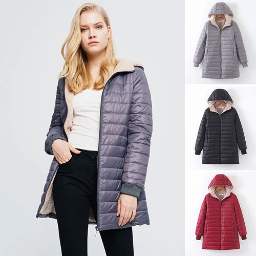 Damen Gefütterte Steppjacke mit Kapuze und Teddyfutter Shop Nory
