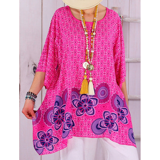 Damen fließende Viskose-Mix-Tunika im Boho-Stil mit floralem Besatz, asymmetrischem Saum und 3/4-Ärmeln Shop Nory