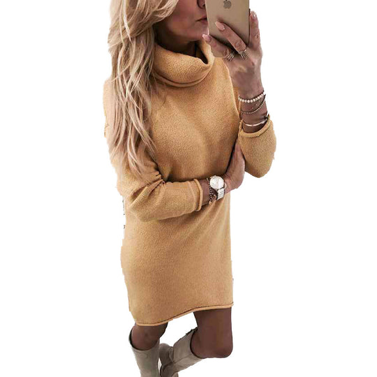 Damen Gemütliches Rollkragen Mini Kleid aus Feinstrick mit Geradem Schnitt Shop Nory