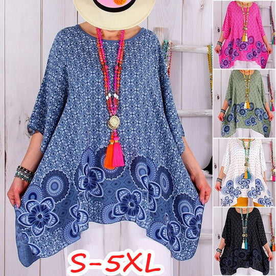 Damen fließende Viskose-Mix-Tunika im Boho-Stil mit floralem Besatz, asymmetrischem Saum und 3/4-Ärmeln Shop Nory